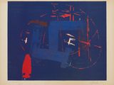 an image of a blue and red painting with a person standing in front of it
