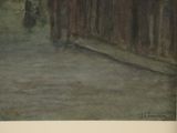 painting of a woman walking down a street with an umbrella