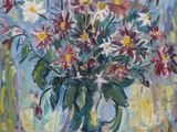 painting of a vase of flowers sitting on a table in front of a window