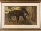 painting of a horse and a foal eating hay in a barn