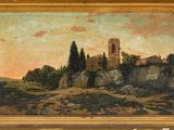 une peinture à l'huile représentant un château sur une colline avec des arbres au premier plan