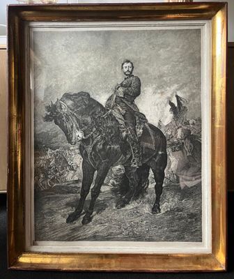 une vieille photo représentant un homme à cheval, à côté d'un tableau