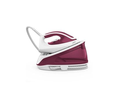 a red and white steam iron sitting on top of a white surface