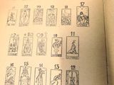 un livre ouvert sur lequel figure l'image de plusieurs cartes de tarot