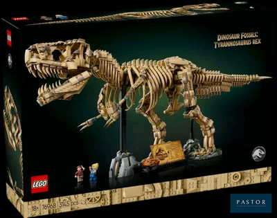 La boîte est faite de Lego et contient un squelette de T-Rex.