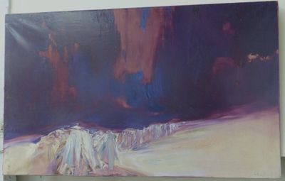 un tableau représentant un groupe de personnes marchant dans la neige