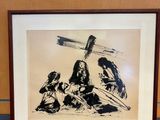 framed drawing of jesus and three women sitting on the ground with a cross in the background