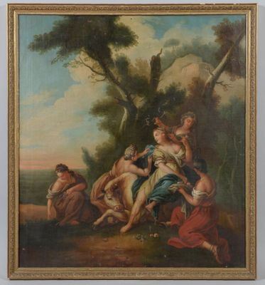 une peinture à l'huile représentant un groupe de personnes dans un cadre boisé
