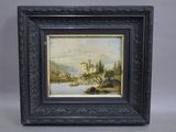 une peinture à l'huile représentant un paysage fluvial avec un château au loin