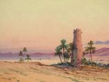 painting of a desert scene with a tower and palm trees