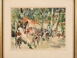 framed watercolor painting of a horse race with jockeys and riders