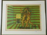 painting of a man and a woman in a room with a striped wall