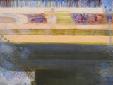 une peinture abstraite représentant un parc avec des arbres et des fleurs