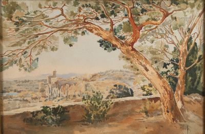 peinture représentant un paysage avec un arbre et un bâtiment au loin