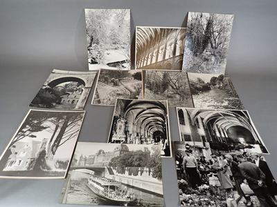 several old black and white photographs of people in a park