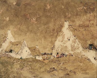 an image of a painting of a group of people sitting on a hill