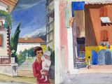 painting of a woman holding a baby in her arms in front of a building