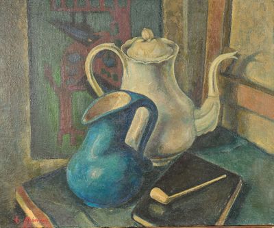une peinture représentant une théière et un livre posés sur une table
