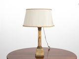 a lamp that is sitting on a table with a lamp shade on it