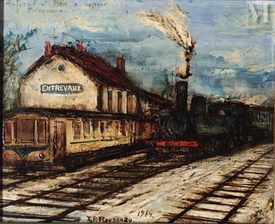 a painting of a train on the tracks near a building