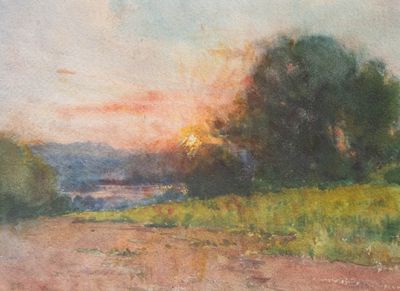 tableau représentant un coucher de soleil sur un champ parsemé d'arbres et bordé d'une rivière