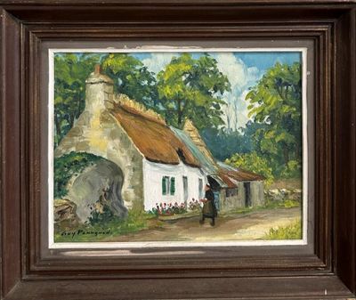 une peinture à l'huile représentant un cottage au toit de chaume et une femme marchant sur la route