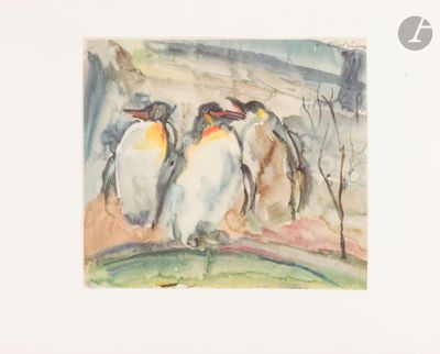 three penguins that are standing in the grass