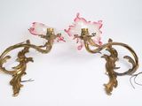 pair of antique brass and pink glass wall sconces