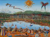 painting of a circus scene with people playing in the water and flying kites