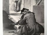 an old black and white drawing of a man sitting in front of a painting