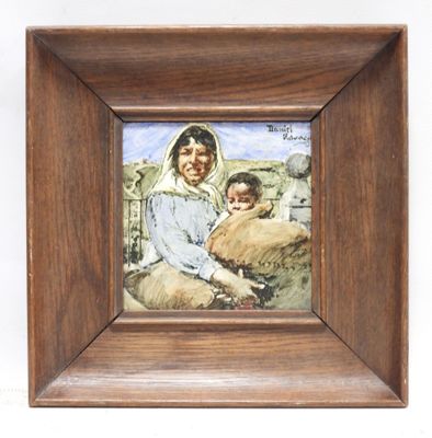 painting of a woman and child with a sheep in a wooden frame