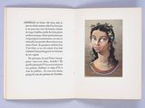 an open book with a picture of a woman with a flower in her hair