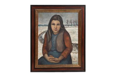 tableau représentant une femme en robe bleue assise devant un mouton