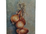 an oil painting of onions hanging from a string on a blue background