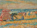 une peinture à l'huile représentant un groupe de personnes sur une plage au bord de la mer