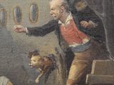 painting of a man and a woman in a boat with a dog