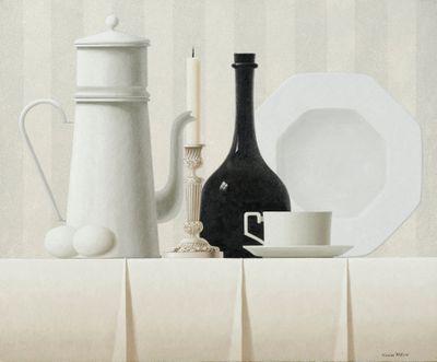 une peinture représentant une théière et une tasse posées sur une table