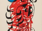 an image of a red and black painting with a blue bird on it