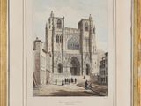 an old drawing of a church with people walking in front of it