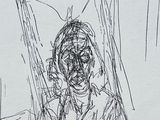 a black and white drawing of a man looking in a mirror