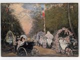 a painting on the wall of a park with a horse drawn carriage
