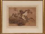une image représentant un dessin d'un homme à cheval et d'un chien