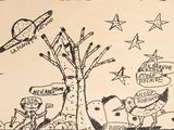 drawing of a cartoon of a man and a dog in a field