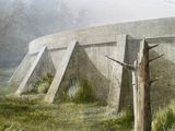 a painting of a concrete structure in the middle of a field