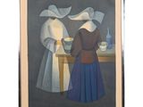 painting of two women in a kitchen with a bowl of food