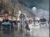 a painting of people walking down the street at night