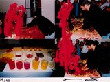 many pictures of a woman cutting a cake with a knife