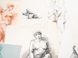 many sketches of a woman sitting on a chair