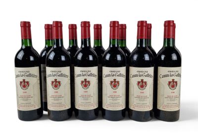 six bottles of red wine are lined up in a row