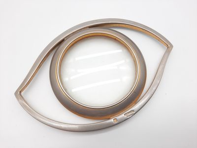 an image of a silver and gold eye broochle with a magnifying lens